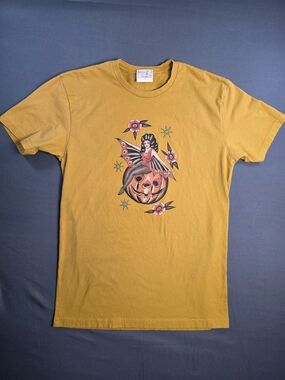 Women's Mischief Made Mustard Yellow Graphic Tee Retro Halloween Pumpkin Pin-Up